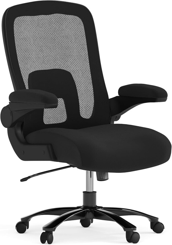 Flash Furniture Big & Tall Swivel Office and Gaming Chair with Lumbar and Back Support, Ergonomic Mesh Office Chair with Flip-Up Armrests and Adjustable Height, Black