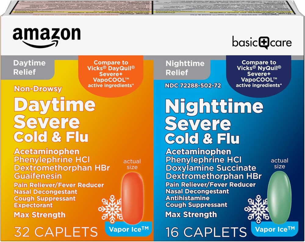 Amazon Basic Care Vapor Ice Day and Night Severe Cold and Flu Relief Caplets, Maximum Strength Multi-Symptom Medicine for Cough, Sore Throat, Nasal Congestion, 48 Count