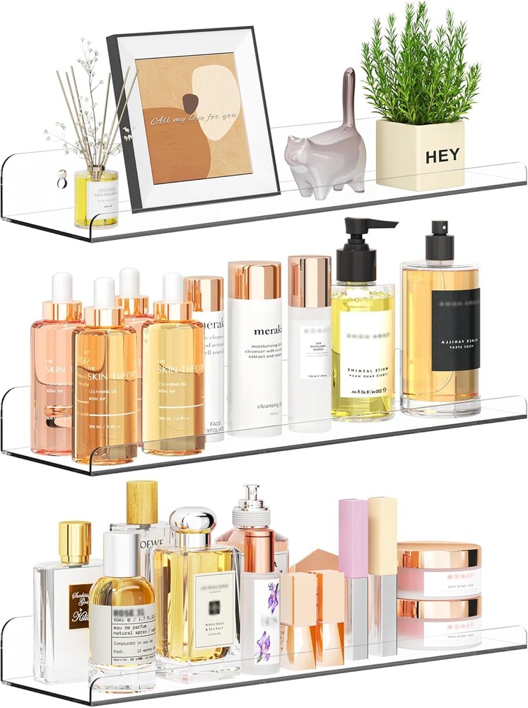 Floating Shelves for Wall Decor, 15" Extra Clear Wall Shelves for Bedroom, Living Room, Kitchen, Bathroom Decor, Nail Polish/Book/Decoration/Makeup/Perfume Organizer Floating Shelf-3Pack