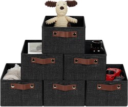 HNZIGE Fabric Decorative Organizers - 6 PCS Foldable Storage Bins with Handles for Closet Shelves (Black, 11.8 x 7.8 x 5.1)