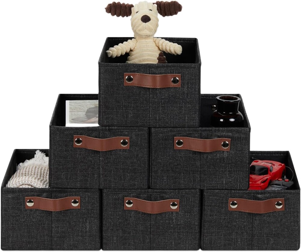 HNZIGE Fabric Decorative Organizers - 6 PCS Foldable Storage Bins with Handles for Closet Shelves (Black, 11.8 x 7.8 x 5.1)