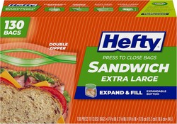 Hefty XL Press to Close Plastic Sandwich Expand and Fill Food Storage Bags, 130 Count