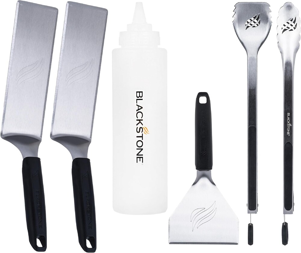 BLACKSTONE 5464 Griddle Tool Kit Outdoor Indoor Grill BBQ Utensils Cooking Accessories-Heat Resistant– 2 Long Spatulas, 2 Angled Scraper Classic Tong, 1 (32oz) Squeeze Bottle, Black, Silver, White