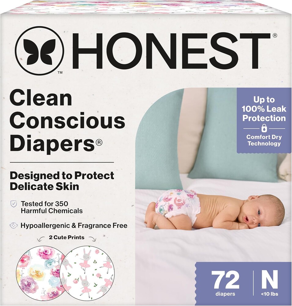 The Honest Company Comfort Dry Disposable Diapers for Sensitive Skin, Hypoallergenic, Rose Blossom + Tutu Cute, Club Box Size Newborn 72 Count