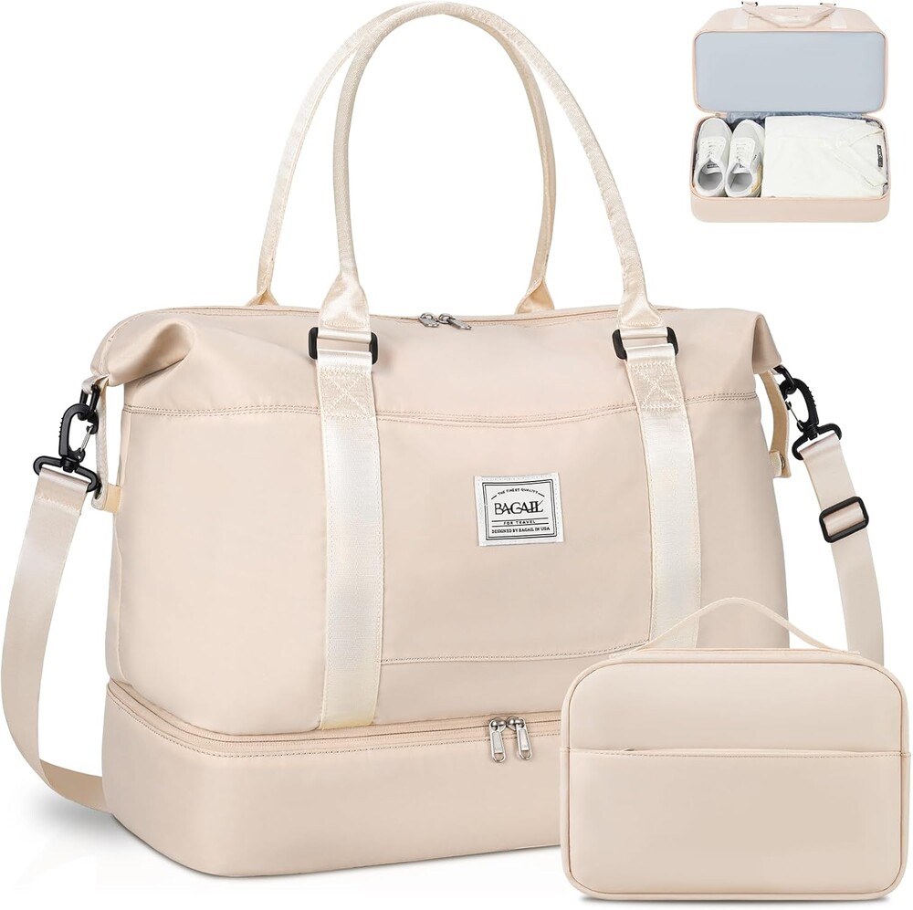 BAGAIL Travel Duffel Bag, Weekender Bags for Women, Overnight Gym Carry On Tote Bag with Wet Pocket, Hospital Mom Bag for Labor and Delivery - Extra Large Set, Beige