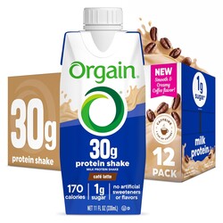 Orgain 30g High Protein Shake, Café Latte, 5g BCAAs, 1g Sugar Per Serving, Caffeine from 1 Cup of Coffee, Milk Isolate, Meal Replacement, Ready to Drink, Keto Friendly, Gluten-Free 11 Fl Oz (12 Pack)