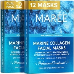 MAREE Collagen Facial Mask with Hyaluronic Acid — Sheet Face Mask Skincare — Centella Asiatica, Green & Red Algae Extract — Hydrating Facemask For Women Skin Care — Mascarillas Para La Cara — 12 Count