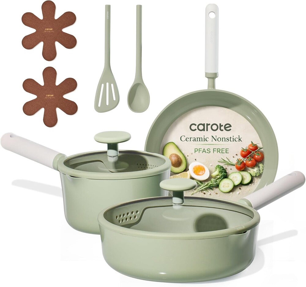 CAROTE Ceramic Cookware Set Nonstick, 9pcs Pots and Pans Set Non stick, Non-Toxic & PFAS-Free,Dishwasher, RV/Camping Cookware Set,Sauce Pan with Lid, Green