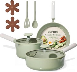 CAROTE Ceramic Cookware Set Nonstick, 9pcs Pots and Pans Set Non stick, Non-Toxic & PFAS-Free,Dishwasher, RV/Camping Cookware Set,Sauce Pan with Lid, Green