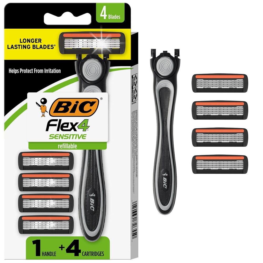 BIC Flex 4 Refillable Razors for Men, Long-Lasting 4 Blade Razors for Sensitive Skin, 1 Handle and 4 Cartridges, 5 Piece Shaving Kit