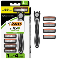 BIC Flex 4 Refillable Razors for Men, Long-Lasting 4 Blade Razors for Sensitive Skin, 1 Handle and 4 Cartridges, 5 Piece Shaving Kit