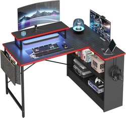 Bestier L Shaped Gaming Desk with Storage Shelves, 42 Inch Reversible Corner Computer Desk with LED Lights, PC Gaming Table with Side Storage Bag & Monitor Stand for Bedroom