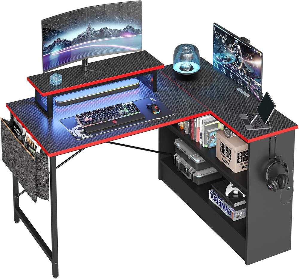 Bestier L Shaped Gaming Desk with Storage Shelves, 42 Inch Reversible Corner Computer Desk with LED Lights, PC Gaming Table with Side Storage Bag & Monitor Stand for Bedroom