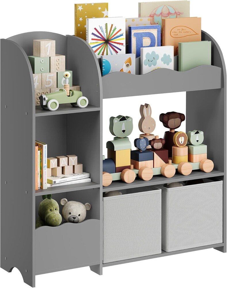 SONGMICS Toy and Book Organizer for Kids, Kids Bookshelf and Toy Storage, Storage Organizer with 2 Storage Boxes, for Playroom, Children's Room, Living Room, Dove Gray UGKR042G01