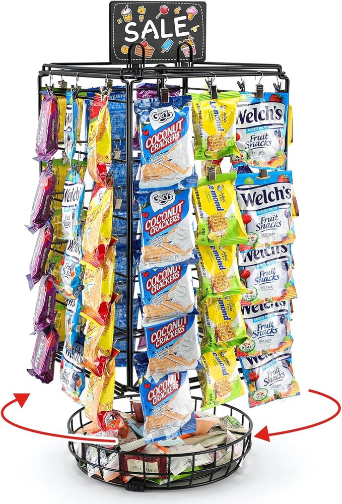 Chip Rack Display Stand, 5 Tiers 60 Clips Snack Retail Display Rack, 360° Rotation Snack Retail Display Rack, Potato Chip Rack, Candy Display Rack, Chip Holder-with Basket