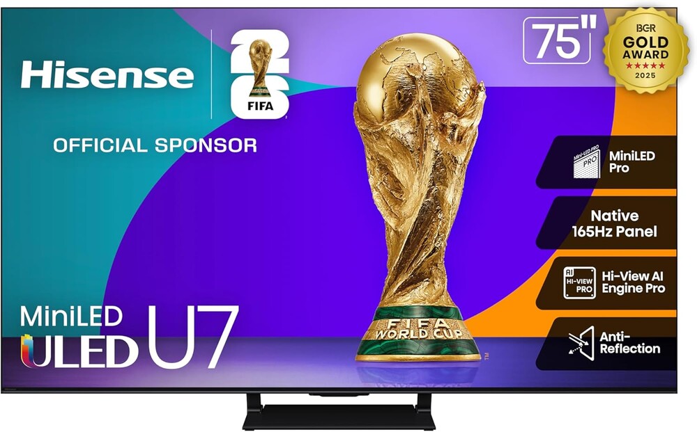 Hisense 75" U7 Mini-LED ULED 4K UHD Best Premium Gaming Google Smart TV (75U75QG, 2025 Model) - QLED, Native 165Hz, VRR 288, Up to 3000 Nits, HDR10+, Dolby Vision IQ · Atmos, IMAX Enhanced, 2.1.2 Ch