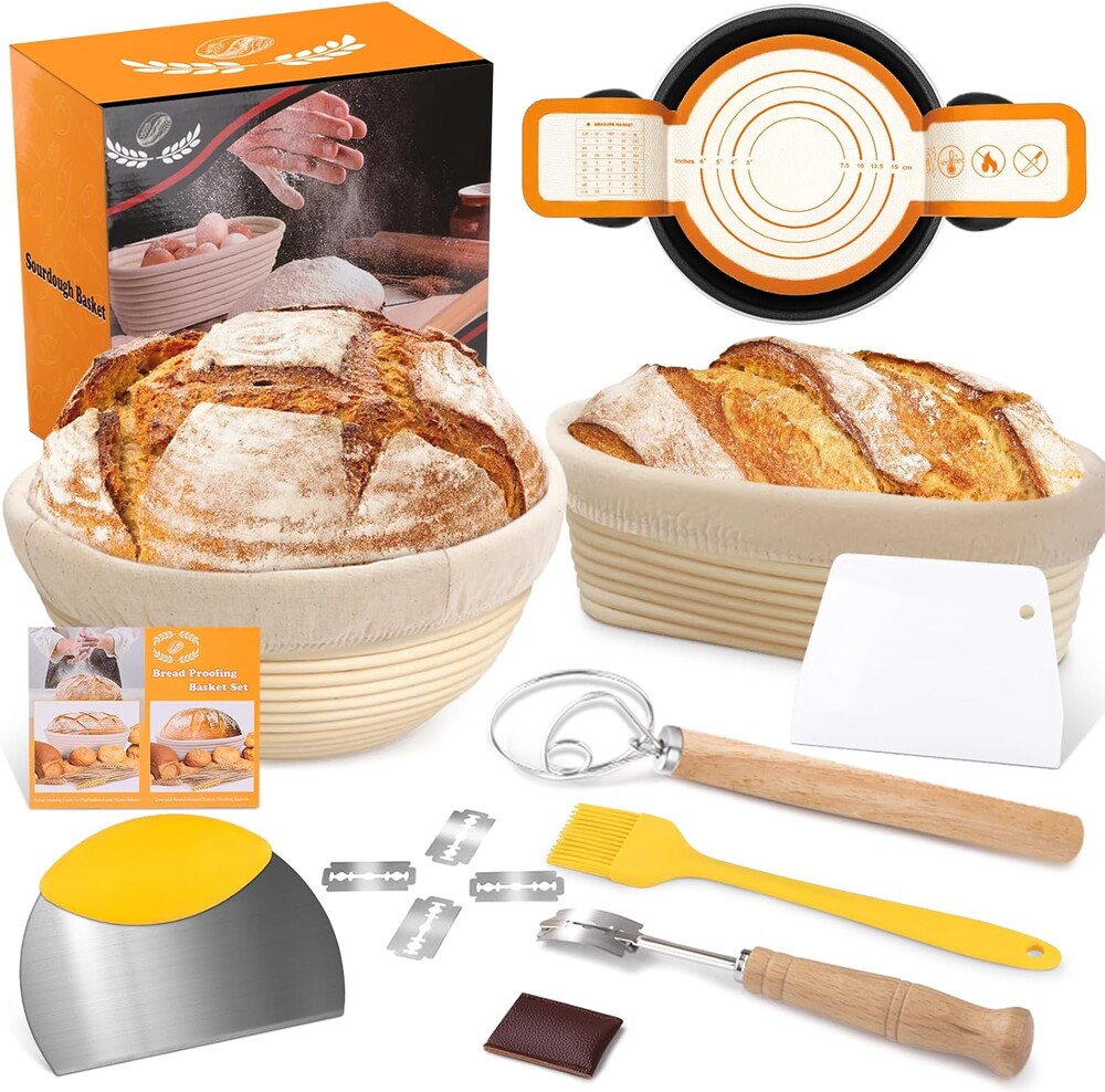 Banneton Basket Set of 2, 10" Oval & 9.7" Round Banneton Bread Proofing Basket with Liners, Bread Lame, Silicone Baking Mat, Danish Whisk, Brush, Proofing Bowls Sourdough Starter Kit Tools