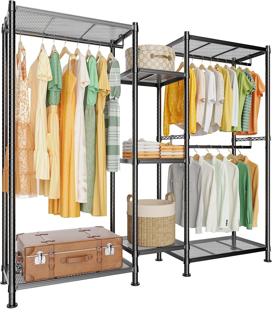 LEHOM G6 Clothes Rack Heavy Duty Freestanding Garment Rack with Shelves, Metal Clothing Closet Wardrobe Storage System for Hanging Clothes, 76.8" D x 17.7" W x 74.4" H, Hold 800 lbs, Black