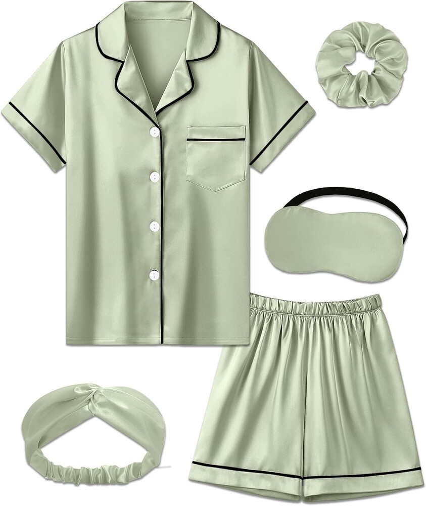 MORFORU Satin Kid Short Pajamas Set 5 Piece Child Silk Pjs Button Sleepwear with Eye Mask, Hairband, Hair Ring