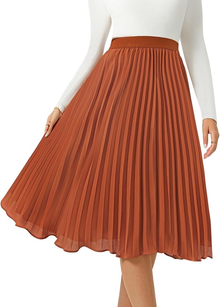 Women's Midi Skirt Elastic High Waist Pleated Skirt Knee Length Swing A-Line Casual Flowy Skirts 2025