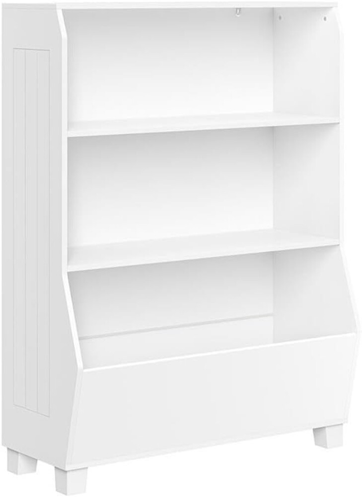 RiverRidge Kids Bookshelf with Storage Bins Toy Storage Organizer & Book Shelf with Spacious Veggie Bin, 2 Open Shelves - White Toy Shelf for Books, Games, Puzzles