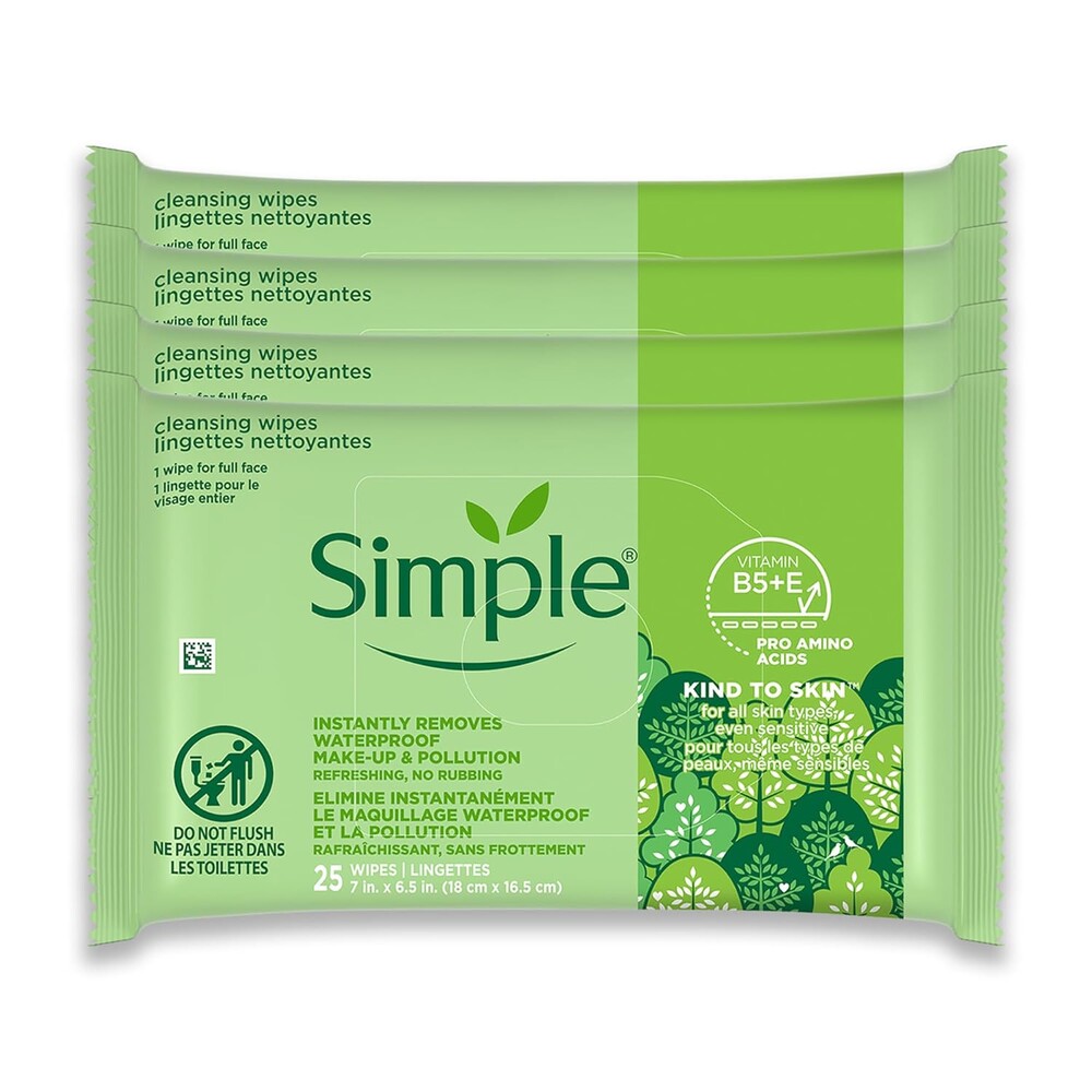 Simple Kind To Skin Cleansing Makeup Remover Wipes - Vegan Facial Cleanser Wipes with Vitamin B5 and E - Removes Waterproof Makeup - 4 pc