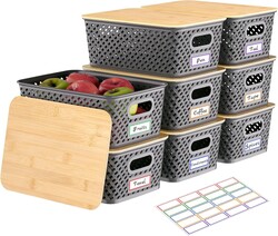 Anysig 8 Packs Plastic Storage Bins with Bamboo Lids - Stackable Storage Bins Decorative Small Basket Containers for Organizing Shelves Office Classroom Desktop Closet, Grey