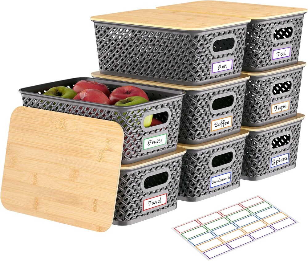 Anysig 8 Packs Plastic Storage Bins with Bamboo Lids - Stackable Storage Bins Decorative Small Basket Containers for Organizing Shelves Office Classroom Desktop Closet, Grey