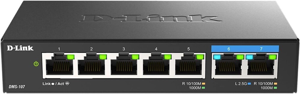 D-Link 7-Port 2.5GB Unmanaged Gaming Switch with 2 x 2.5G, 5 x 10/100/1000 Mbps - Multi-Gig, Network, Fanless, Plug & Play (DMS-107) Black