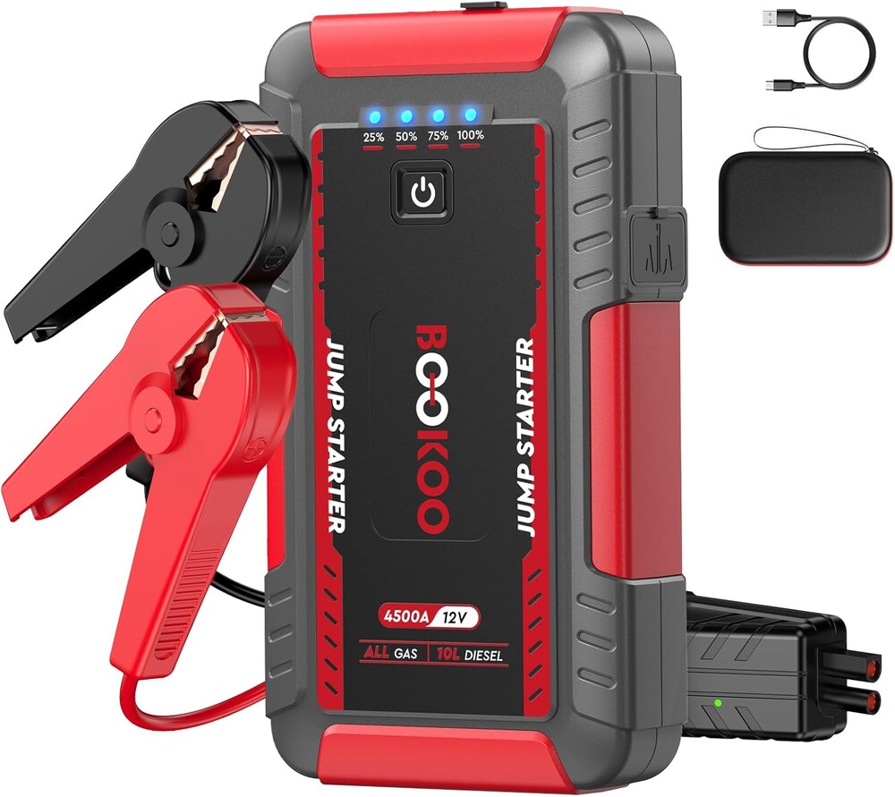 BOOKOO Portable Car Jump Starter, 4500A Car Battery Jump Starter for Upto 10L Gas and 8L Diesel Engines,12V Jump Box with Jumper Cables,USB QC3.0,LED Light