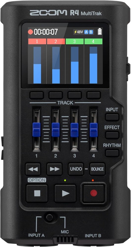 Zoom R4 Multi-Track Recorder for Musicians with 2 XLR/TRS Combo Inputs, 32-Bit Float, Stereo Bouncing Built-In Microphone, Effects, Rhythms, Battery Powered, USB Audio Interface
