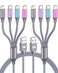 Multi Charging Cable 4ft 2Pack, Doub Tyep-C 4 in 1 Charging cable Nylon Braided Lightning iPhone Charger,Universal Charger Phone Cord With Type-C,Micro USB,IP Port for iPhone17-5/Android -Multicolor