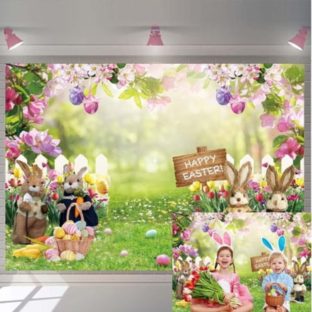 7x5FT Easter Backdrop Spring Garden Backdrop Easter Rabbit Eggs Pink Floral Green Lawn Fence Background Birthday Party Decoration