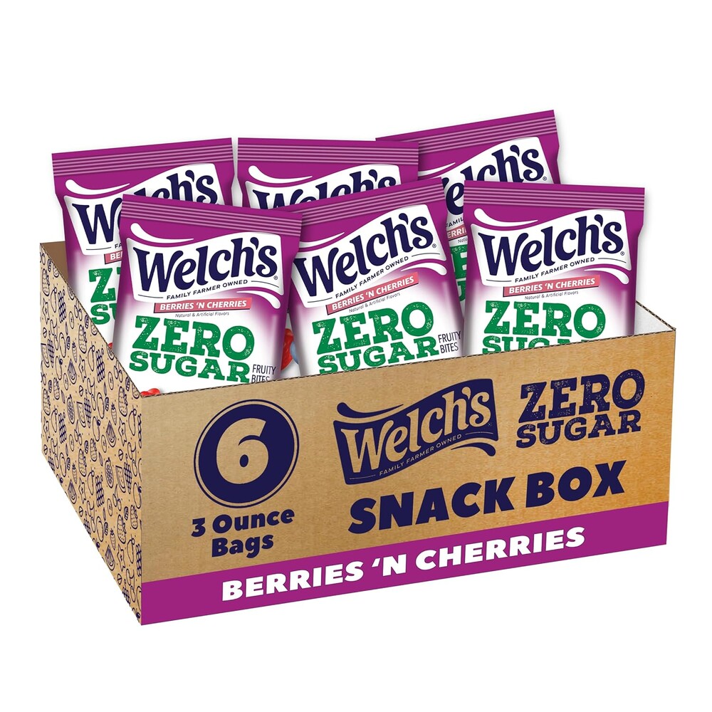 Welch's Zero Sugar Fruity Bites, Berries 'n Cherries Snack Box, Gluten Free & Sugar Free Snacks, 3oz Snack Packs (Pack of 6)