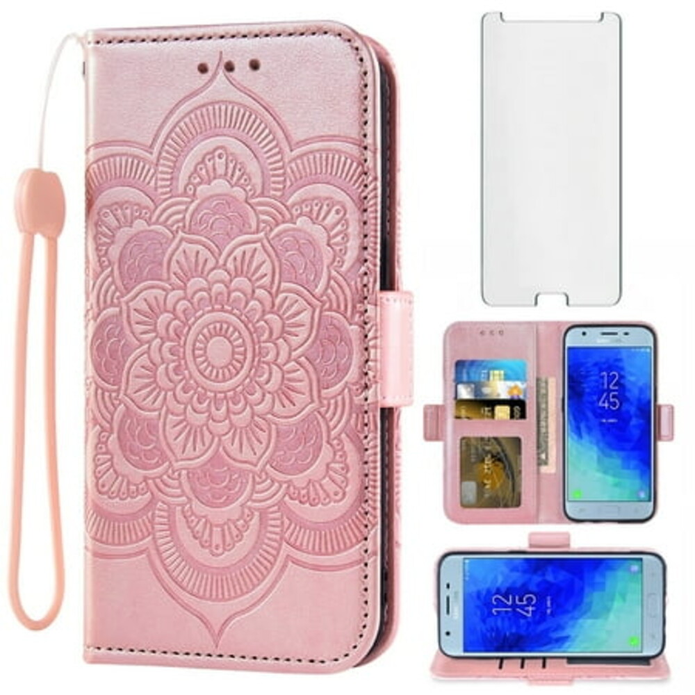Compatible with Samsung Galaxy J3 Orbit J 3 Star 2018 3J Achieve Wallet Phone Case and Tempered Glass Screen Protector Flip Credit Card Holder Stand Cell Cover for J3V V 3rd Gen SM J337A J337V Pink