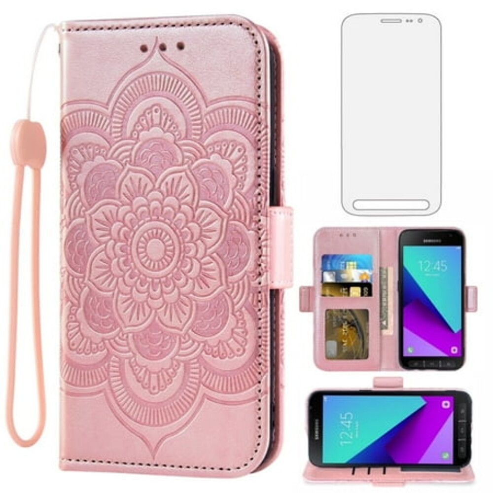 Asuwish Compatible with Samsung Galaxy Xcover 4/4S Wallet Phone Case and Tempered Glass Screen Protector Flip Credit Card Holder Stand Mandala Flower Cell Cover for X SM-G398 Women Men Pink