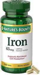 Nature’s Bounty Iron 65mg, 325 mg Ferrous Sulfate, Cellular Energy Support, Promotes Normal Red Blood Cell Production, 1 Serving Per Day, Gluten Free, 100 Vegetarian Tablets
