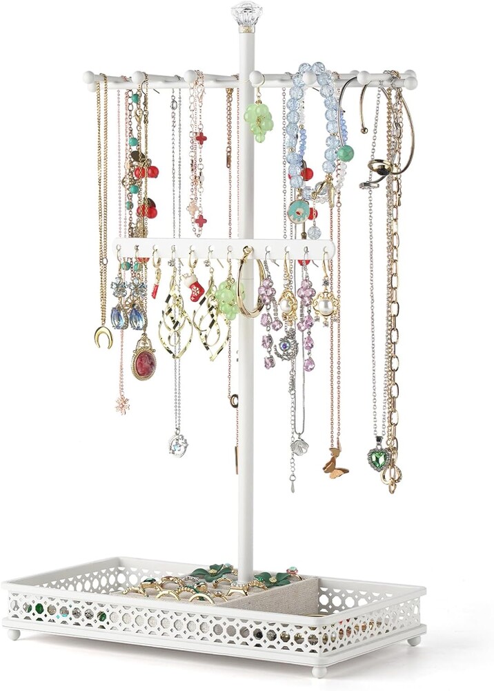 Meangood Jewelry Organizer Stand, 15.6" H Jewelry Tree Display Holder Stand for Bracelets Necklaces Earrings Rings, Gift for Women Girls (White)