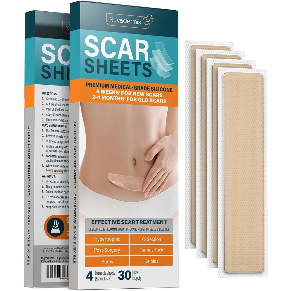 NUVADERMIS Silicone Scar Sheets - Extra Long Scar Sheets for C-Section, Tummy Tuck, Keloid, and Surgical Scars - Reusable Medical Grade Silicone Scar Sheets - Pack of 4 - Light Tone