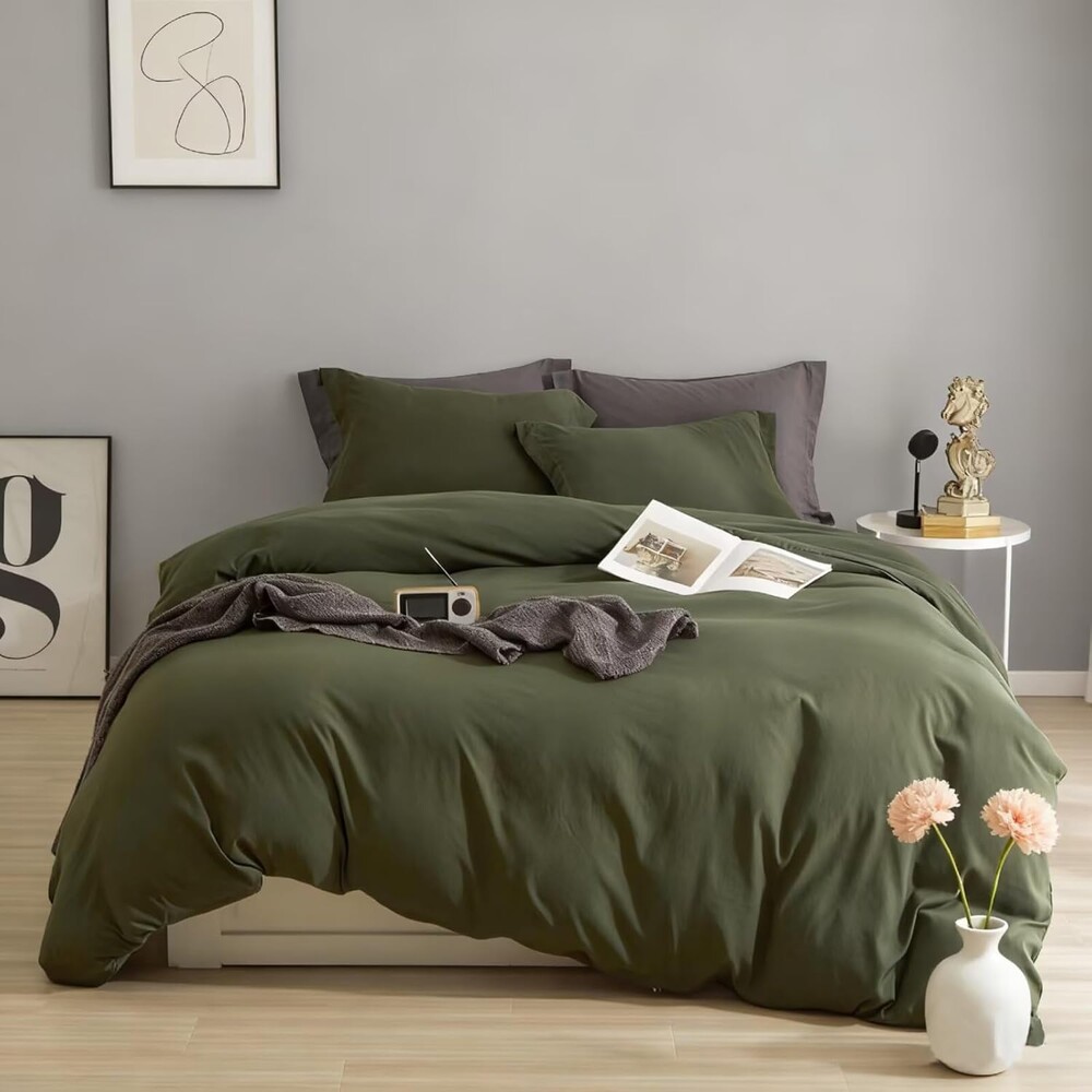 AZMTOP Soft Breathable Duvet Cover Set 3 Pieces Twin Size (1 Washed Duvet Cover with 2 Pillowcases),All Season Use Kids Adult Comfort Prewashed Zipper Comforter Covers Forest Green 68"X86"