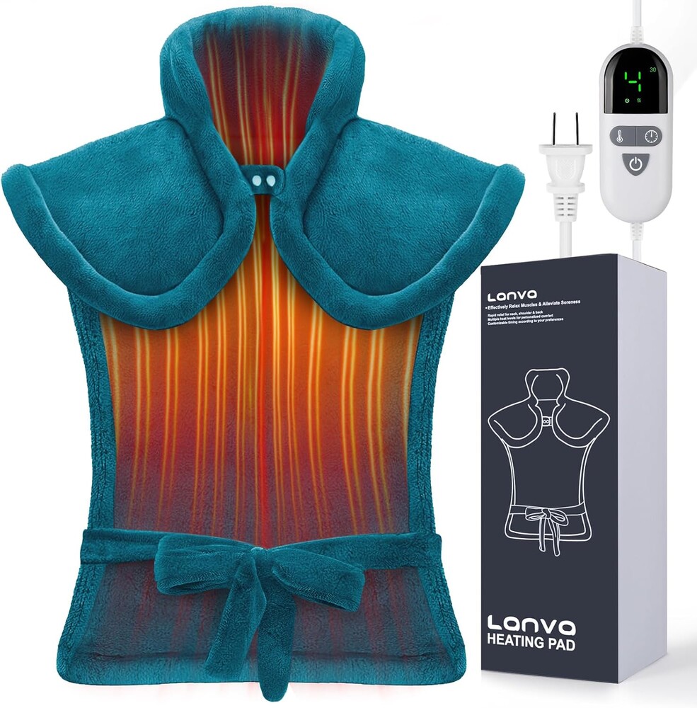 Electric Heating Pad for Back Pain Relief, LANVA Mothers Day Gifts for Mom Wife Grandma, Edge Weighted Heat Pad for Neck and Shoulders & Period Cramps, 6 Heat Settings, 4 Timer Options, 24"x33", Blue
