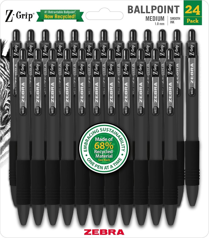 Zebra Pen Z-Grip Recycled Retractable Ballpoint Pens,1.0mm, Black Ink, Durable Metal Clip, 68% Recycled (GRS Certified; Global Recycled Standards), School & Office Supplies, 24-Pack (20314)