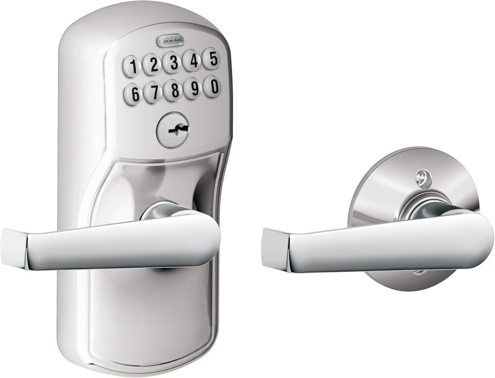 Schlage Plymouth Keypad Lock with Lever Handle, Electronic Keyless Door Entry, Auto‑Lock Enabled, Satin Chrome, FE575 PLY 626 ELA