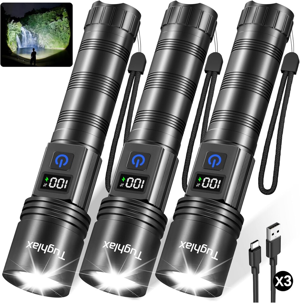 3Pack Rechargeable Flashlights High Lumens, Super Bright Flashlight with LCD Digital Display, 5 Modes Adjustable LED Flashlight Tactical Flashlights High Powered, Flash Lights for Emergency