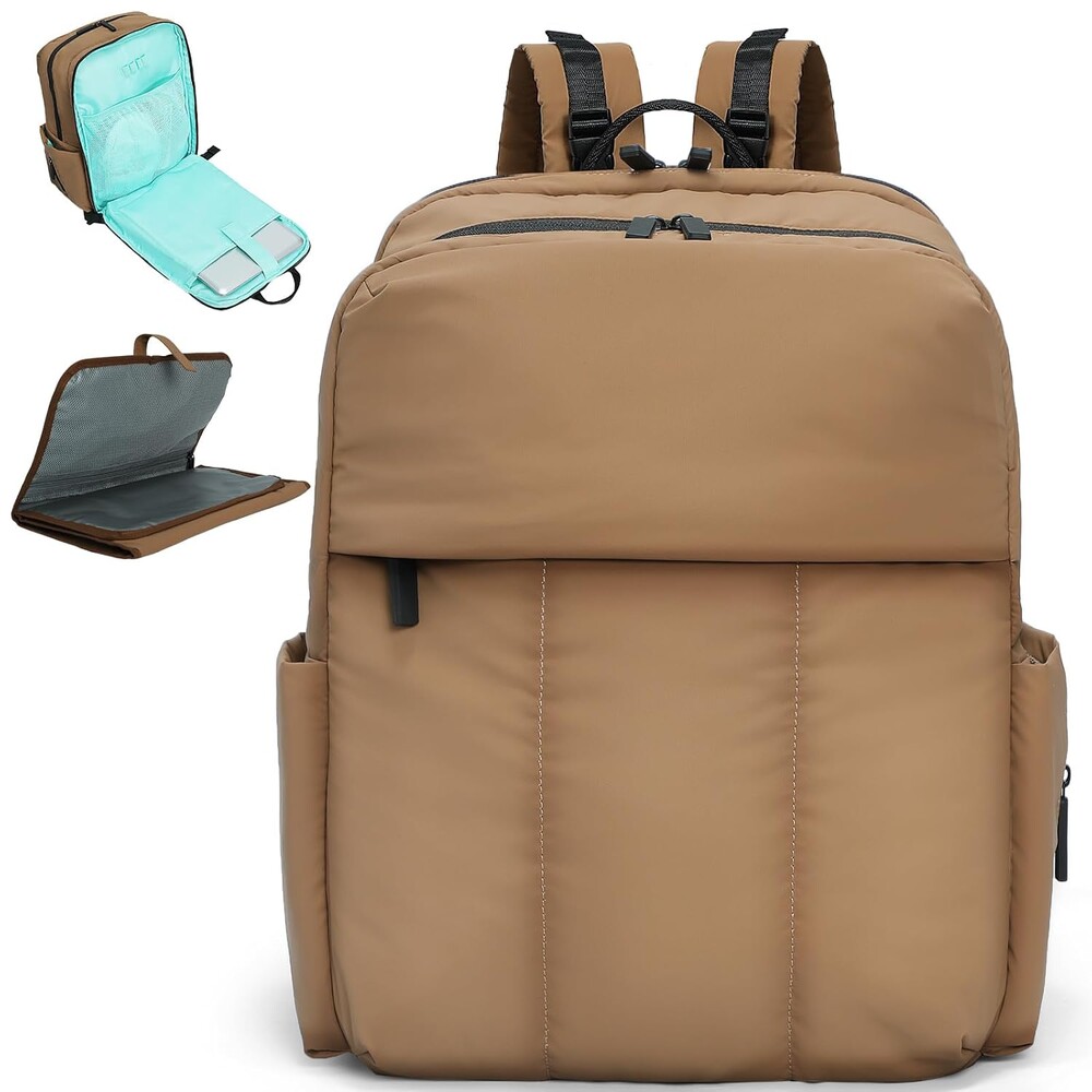 MOMINSIDE Diaper Bag Backpack - Large Puffer Diaper Bag - Neoprene Diaper Bag Quilted Baby Bag, Large Changing Pad, 15 Pockets, Lightweight, Brown