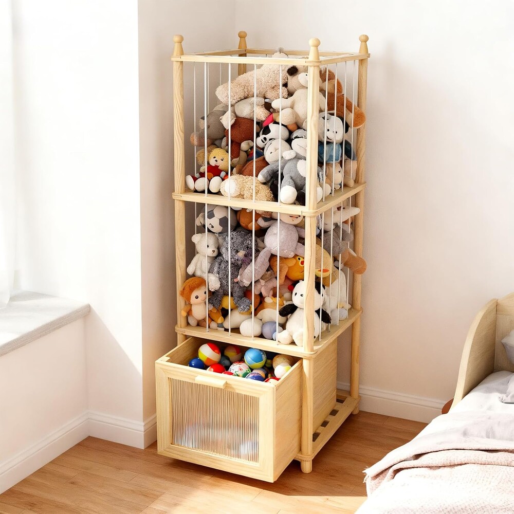 Stuffed Animal Storage with Clear-View Drawer, Wooden Stuffed Animal Zoo Organizer for Nursery & Playroom, Holder for Plush Toys,Balls,Blocks,Wooden Home Decor