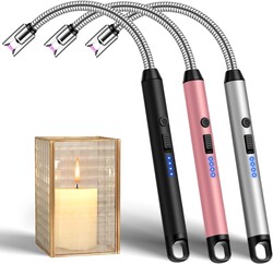 LcFun 3 Pack Electric Candle Lighter Windproof USB Rechargeable Plasma Lighter with LED Battery Display, Flameless Long Arc Lighters for Candle Grill BBQ Camping Stove (Black,Silver,Pink)