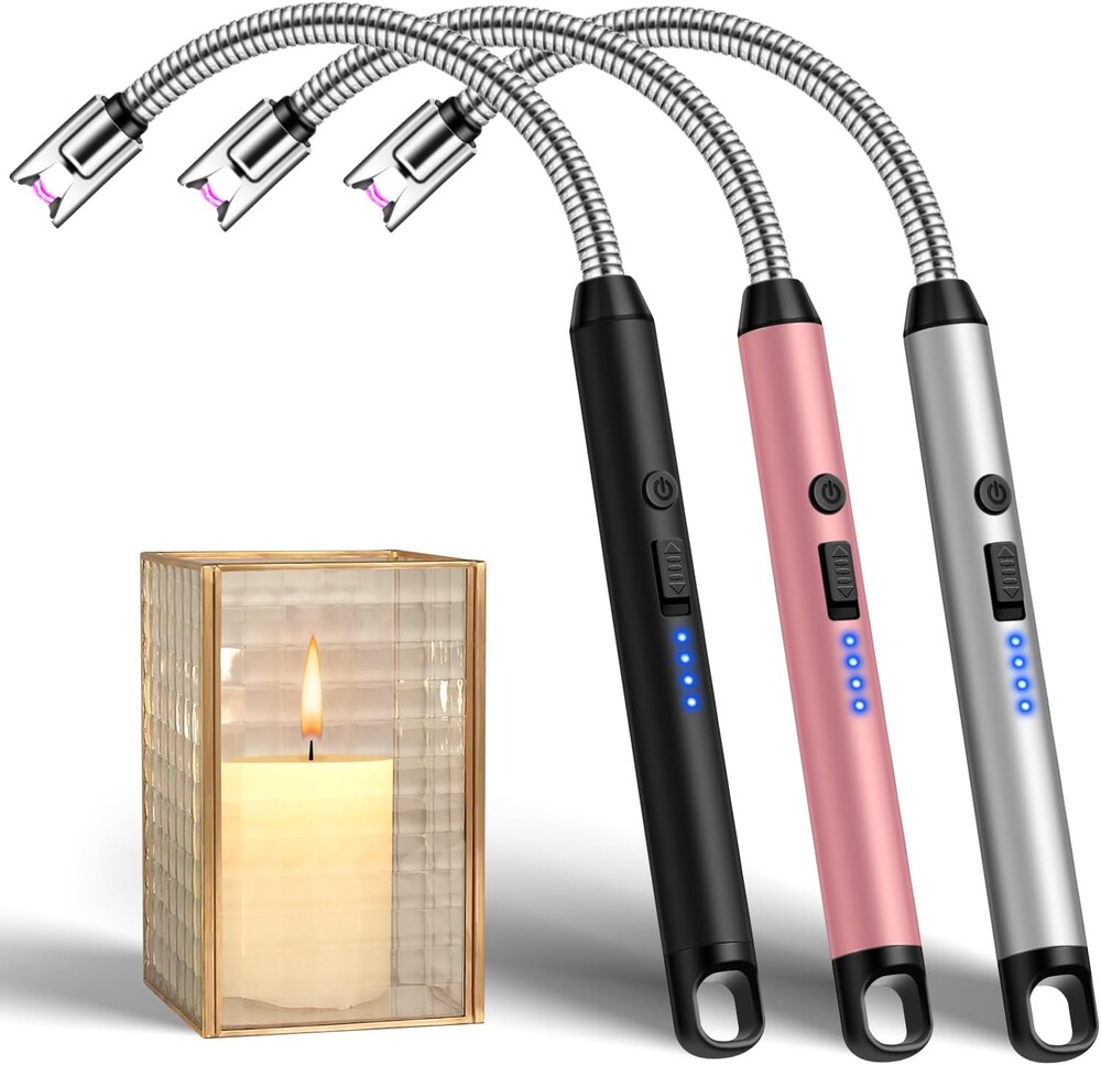 LcFun 3 Pack Electric Candle Lighter Windproof USB Rechargeable Plasma Lighter with LED Battery Display, Flameless Long Arc Lighters for Candle Grill BBQ Camping Stove (Black,Silver,Pink)