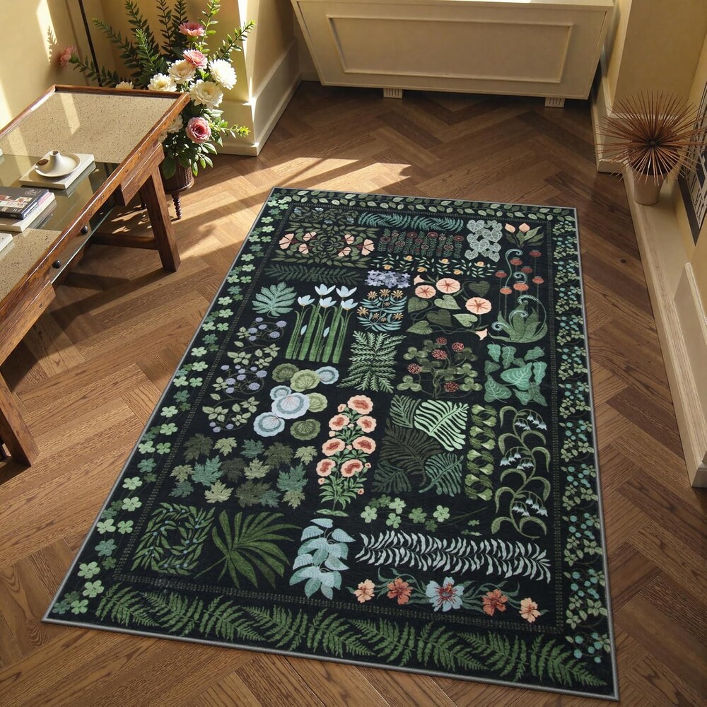Zealude Floral Boho 3x5 Black Bathroom Entryway Kitchen Rug Non Slip Washable, Botanical Flower Area Rugs for Bedroom, Soft Modern Indoor Throw Carpet for Laundry Living Room Entrance (Black,3 x 5)