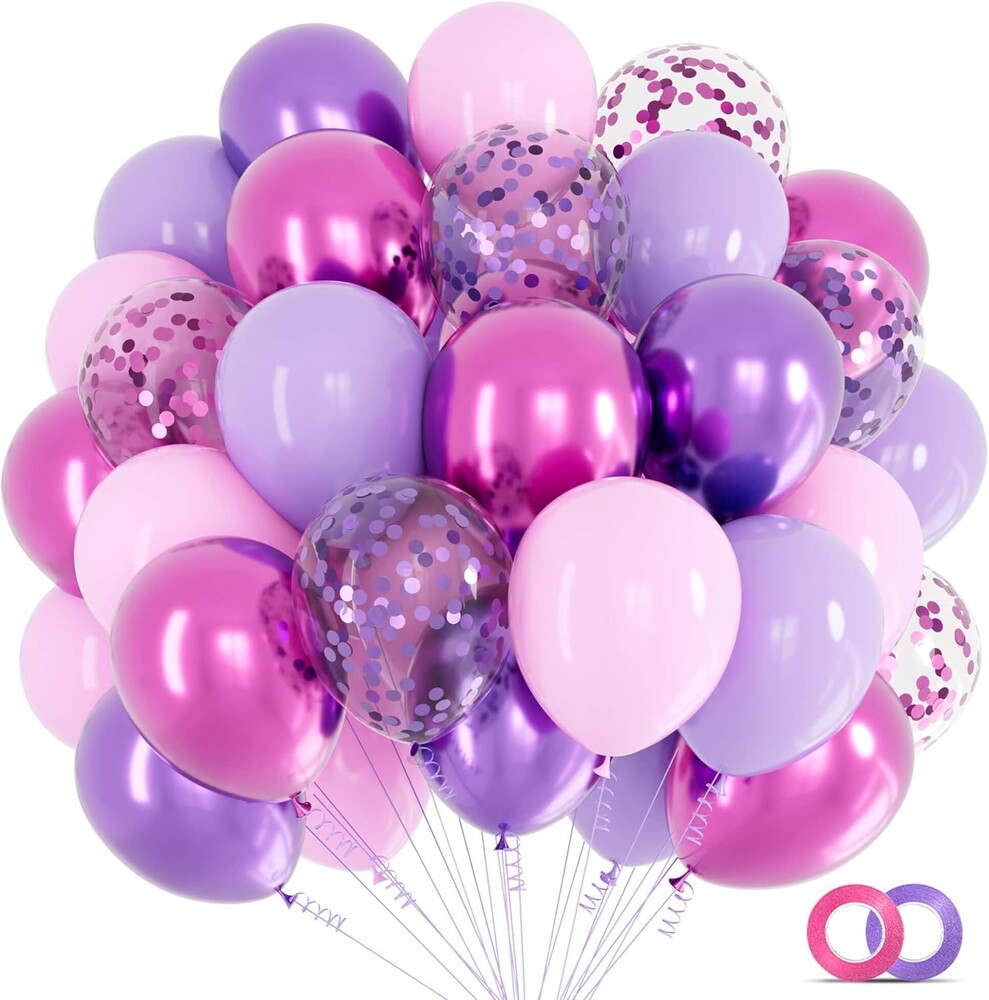 KAWKALSH 68pcs Pink and Purple Balloons, 12 Inch Metallic Purple Pink Confetti Latex Balloons with Ribbon, Party Balloons for Girls Birthday Baby Shower Wedding Party Decorations